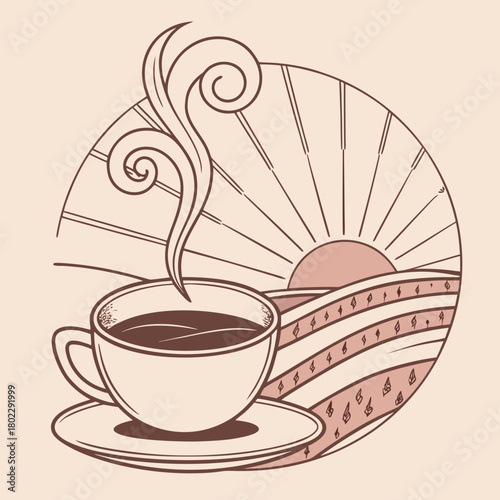 Coffee cup with steam in a circular frame with sunrise over hills morning