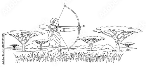 African woman archer aiming bow and arrow one continuous line drawing. Hunter in savanna landscape vector art.