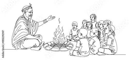 African elder telling stories to children around a campfire Continuous one line drawing Tribal storyteller and kids minimalist vector illustration