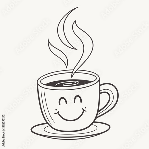 Cartoon Coffee Cup with Smiling Face and Saucer hot drink
