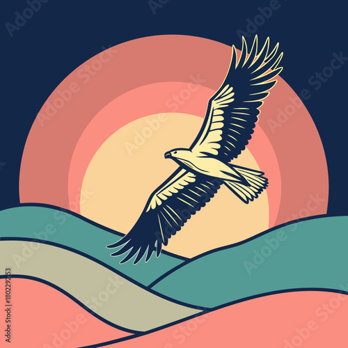 Eagle Soaring Over Rolling Hills at Sunset Illustration bird of prey flying