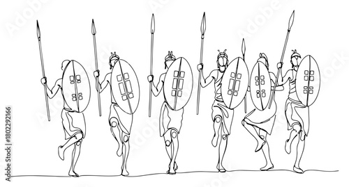 African warriors with spears and shields in a traditional dance Continuous one line drawing Zulu tribe members minimalist vector illustration