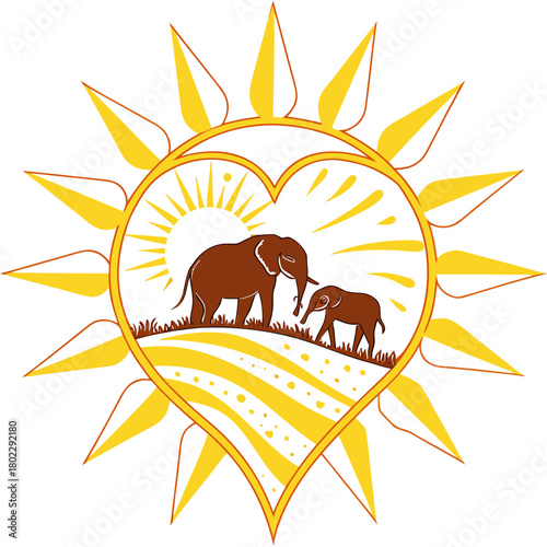 Elephants in a Heart Shape with Sun and Landscape love family