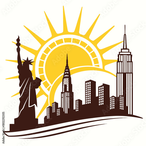 New York City Skyline with Statue of Liberty and Sun empire state building chrysler building