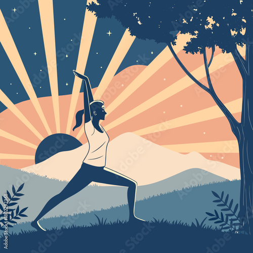 Woman Practicing Warrior Pose Yoga at Sunrise with Mountain Landscape mountains