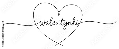 Polish Valentines Day calligraphy in a heart shape continuous one line drawing Vector illustration of the word Walentynki for a romantic greeting card