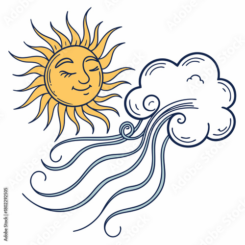Whimsical sun and windy cloud illustration with swirling wind lines weather