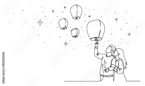 Couple releasing sky lanterns at night one continuous line drawing. Romantic festival vector illustration.