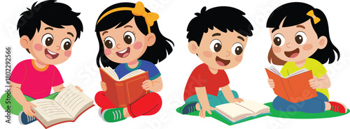 Cute cartoon children reading books together, happy kids learning, educational illustration for school, literacy, storytelling, childhood education concept, colorful artwork