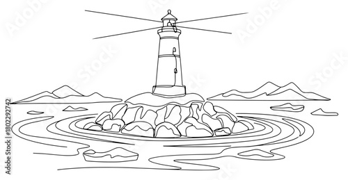 Lighthouse on a rocky coast Continuous one line drawing Seaside landscape with beacon tower minimalist vector illustration
