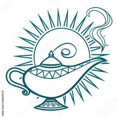 Genie Lamp With Sunburst And Smoke Swirl magic fantasy