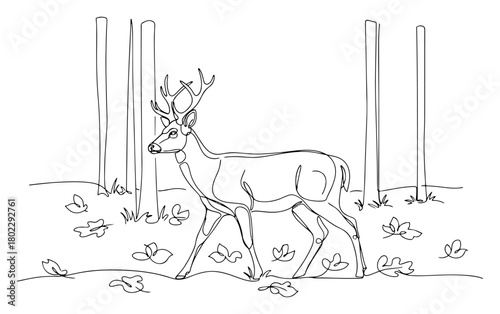 Deer in the autumn forest Continuous one line drawing Wild animal in nature minimalist vector illustration