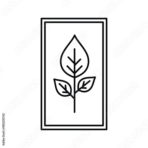 Minimalist outline drawing of a growing plant with leaves inside a clean, simple rectangular frame icon vector