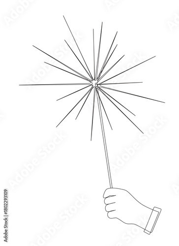 Continuous line art of a hand holding a firework. Concept for New Year's Eve celebration, wedding, birthday, Christmas.