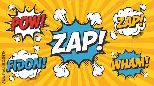 Comic speech bubbles with explosion effects vector illustration in pop art style isolated on yellow background