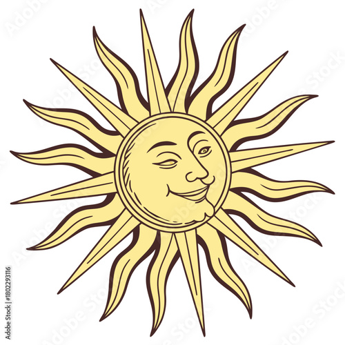 Stylized sun with human face winking on white background anthropomorphic
