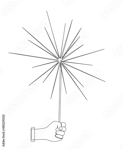 Continuous line art of a hand holding a firework. Concept for New Year's Eve celebration, wedding, birthday, Christmas.