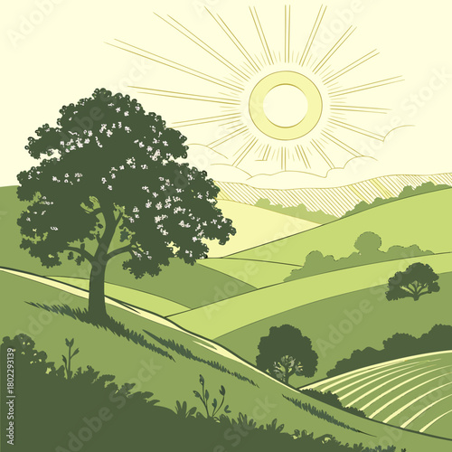Verdant Rolling Hills Landscape with Large Tree and Sun fields