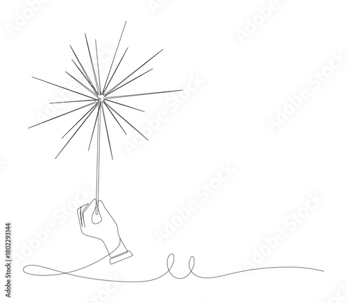 Continuous line art of a hand holding a firework. Concept for New Year's Eve celebration, wedding, birthday, Christmas.