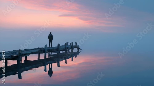 Solitary figure on misty pier at sunrise with reflections