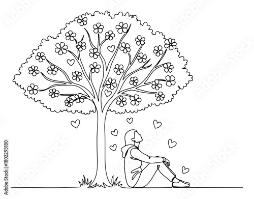 Single continuous line drawing of a woman sitting under a love tree with flowers and hearts Romantic nature concept in one line art style vector illustration