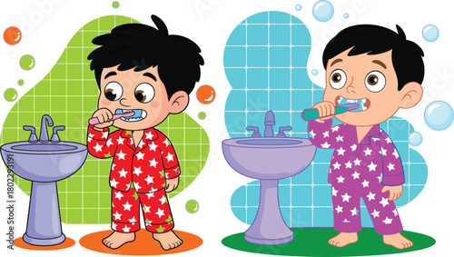 Cute cartoon boy brushing teeth in bathroom, morning hygiene routine, child dental care illustration, healthy habits for kids, clean teeth artwork