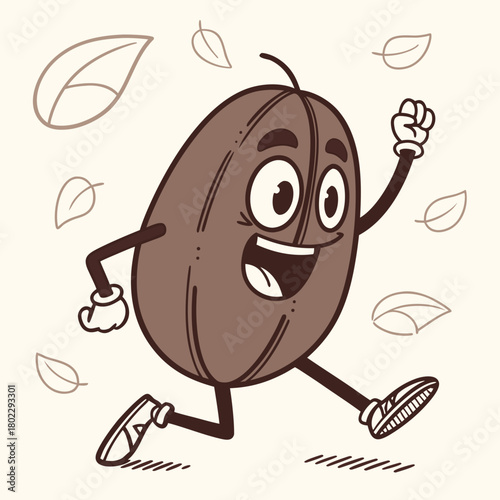 Cartoon coffee bean character running with leaves motion