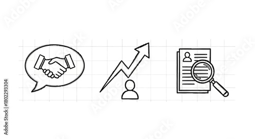 Business icons: handshake, growth arrow, and profile evaluation in linear style