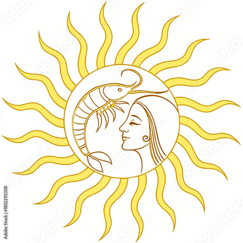 Sun Symbol with Stylized Shrimp and Woman's Profile solar rays