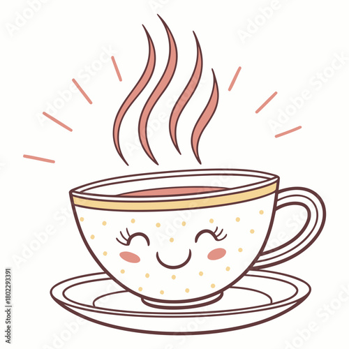 Adorable kawaii coffee cup with closed eyes and steam drink beverage