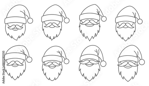 Line art Santa heads pattern with hats, beards, mustaches on transparent background