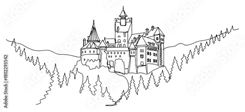 Draculas Bran Castle in Transylvania one continuous line drawing. Romania famous landmark vector art.