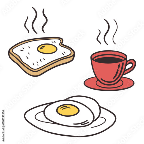 Breakfast of Fried Eggs and Coffee in a Red Cup food toast