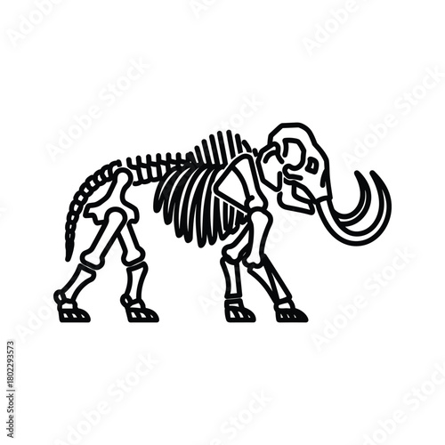 Line art vector illustration of an ancient woolly mammoth skeleton, a prehistoric ice age fossil animal