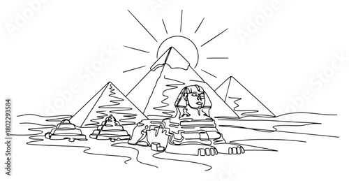 Great Sphinx and Giza Pyramids one continuous line drawing. Egypt famous landmark vector illustration.