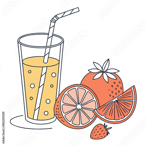 Glass of Orange Juice with Citrus Fruits and Strawberry vector illustration