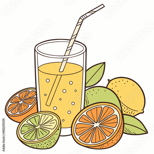 Glass of Orange Juice with Assorted Citrus Fruits and Leaves vector illustration