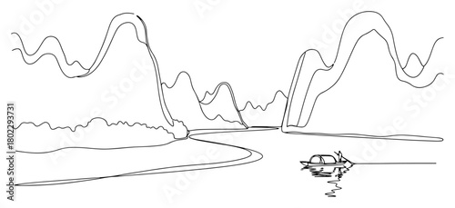 Single continuous line drawing of a scenic karst mountain landscape Boat on a river in Guilin China in one line art style vector illustration
