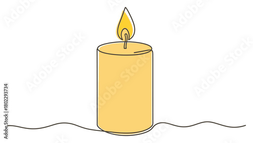 Lit Yellow Candle Flame Continuous Line Art on White Background