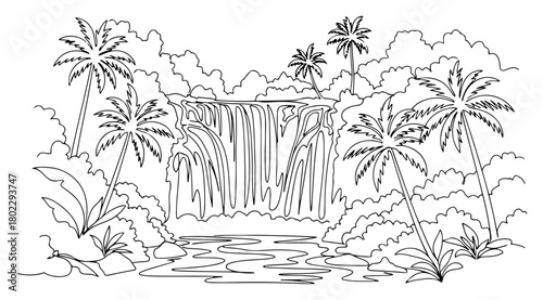 One continuous line drawing of a beautiful waterfall in a tropical jungle Paradise nature landscape with palm trees in one line art style vector illustration