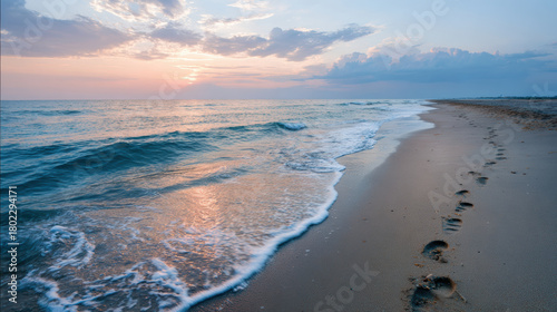 Fototapeta Naklejka Na Ścianę i Meble -  Tranquil, serene beach scene with footprint in sand. calm ocean wave laps coast at sunset, peaceful and scenic nature view