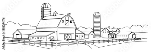 One continuous line drawing of a rural farm landscape with a barn and silo Countryside agriculture scene in minimalist one line art style vector illustration