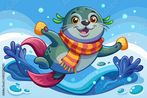 Soft round seal leaps from wintery water wearing colorful scarf and mittens, snowflakes floating around