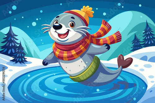 Soft round seal leaps from wintery water wearing colorful scarf and mittens, snowflakes floating around
