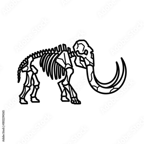 Mammoth skeleton line art illustration, ancient extinct animal fossil bone structure graphic design element