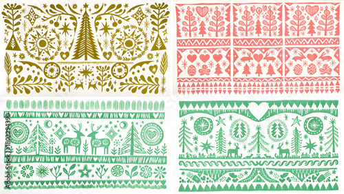 Four decorative borders with folk art style illustrations in gold pink and green colors arranged