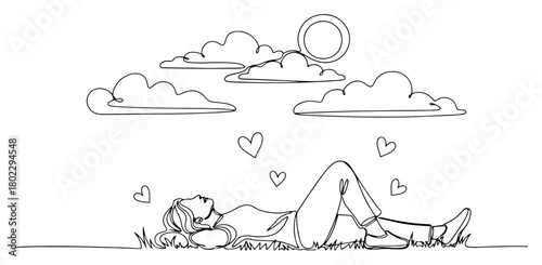 One continuous line drawing of a woman lying on the grass and dreaming Romantic scene with clouds and hearts in one line art style vector illustration