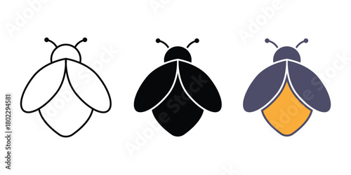 Firefly bug Icon Vector set. Set of fireflies insect glyphs in black and dark blue color. Vector illustration of a stylized firefly with a simplified design.