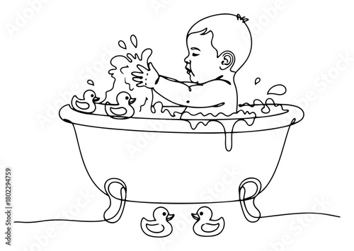 Cute baby taking a bath and playing with rubber ducks in a vintage tub continuous one line drawing Vector illustration of a happy childhood moment for a baby care concept