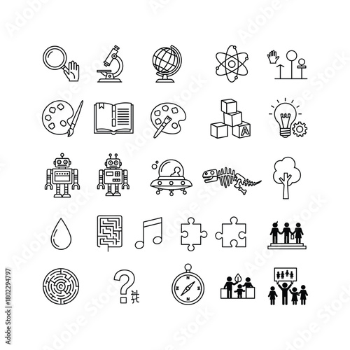Collection of line art icons illustrating education, science, exploration, creativity, and childhood development.